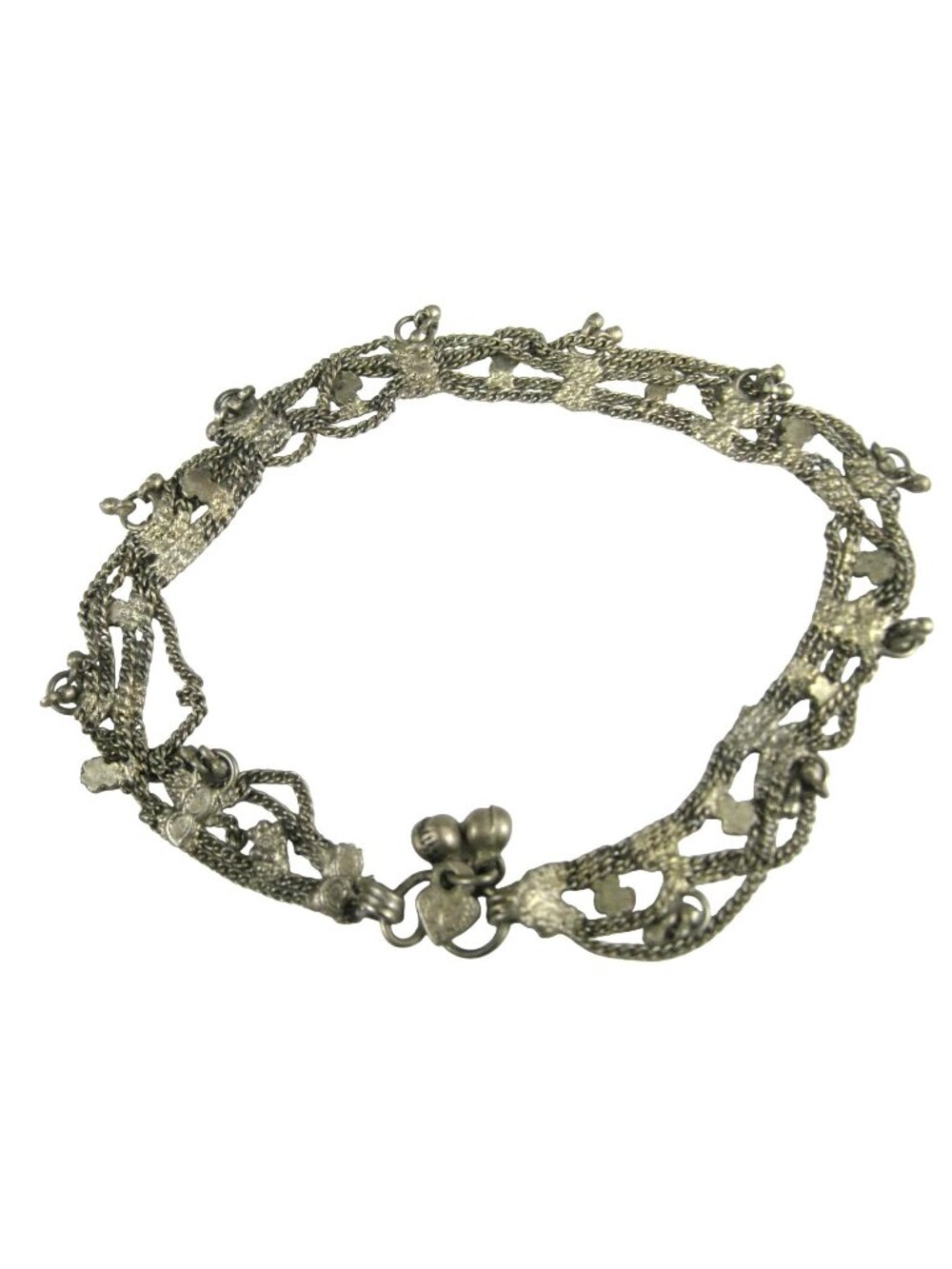 Vintage Indian Rajasthani Anklet Dangling Spherical Charms Festooned Silver Tone